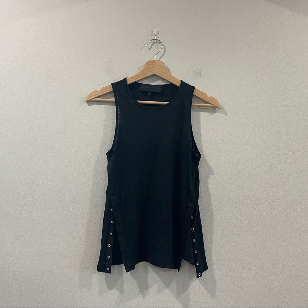 Kendall + Kylie Black Linen Sleeveless Side Button Slit Top Sz Small